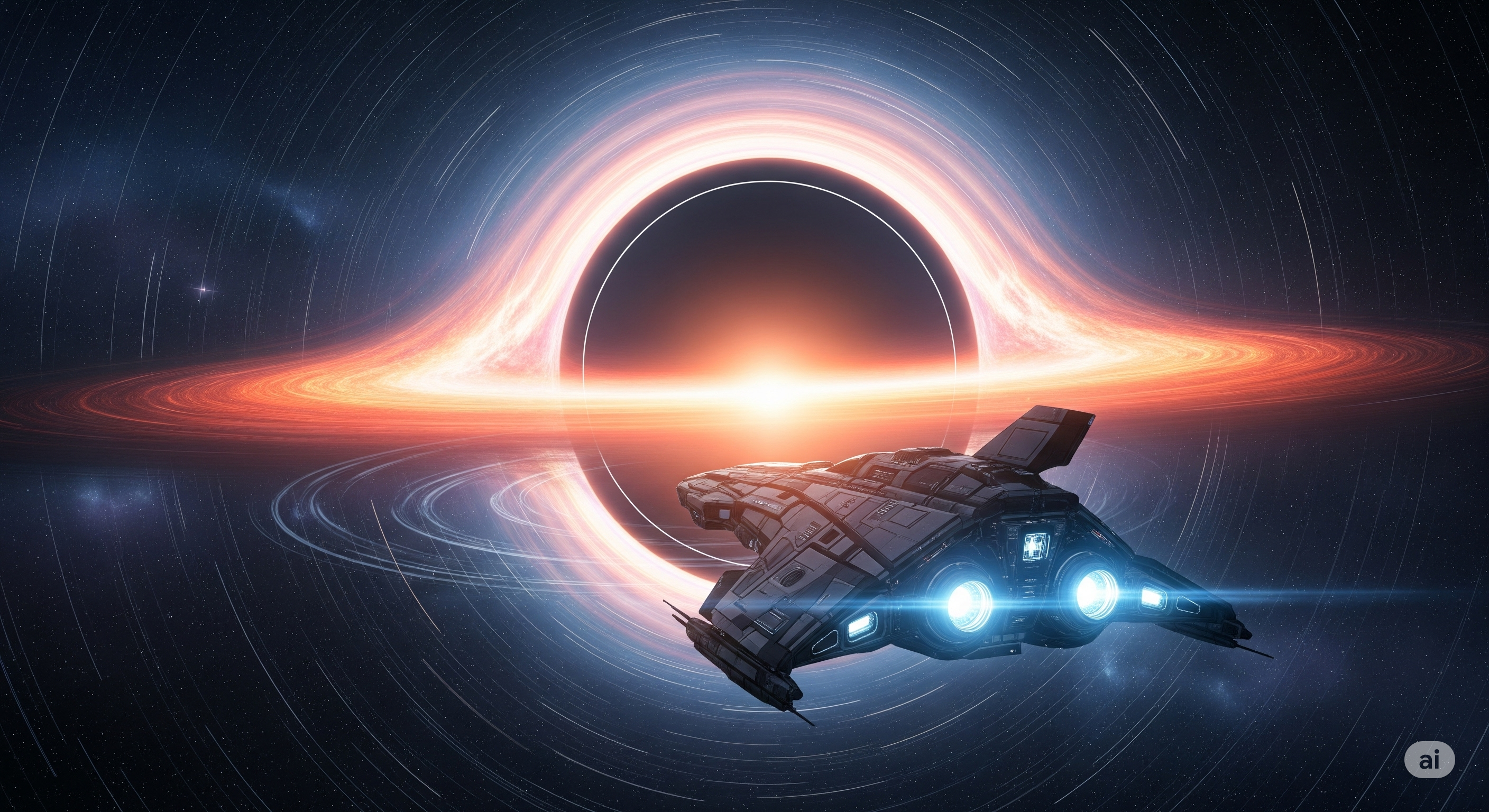 photo of a spacecraft near the event horizon of a black hole