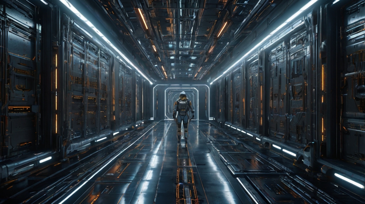 ilustração sci-fi de corredores de nave com painéis sendo ajustados