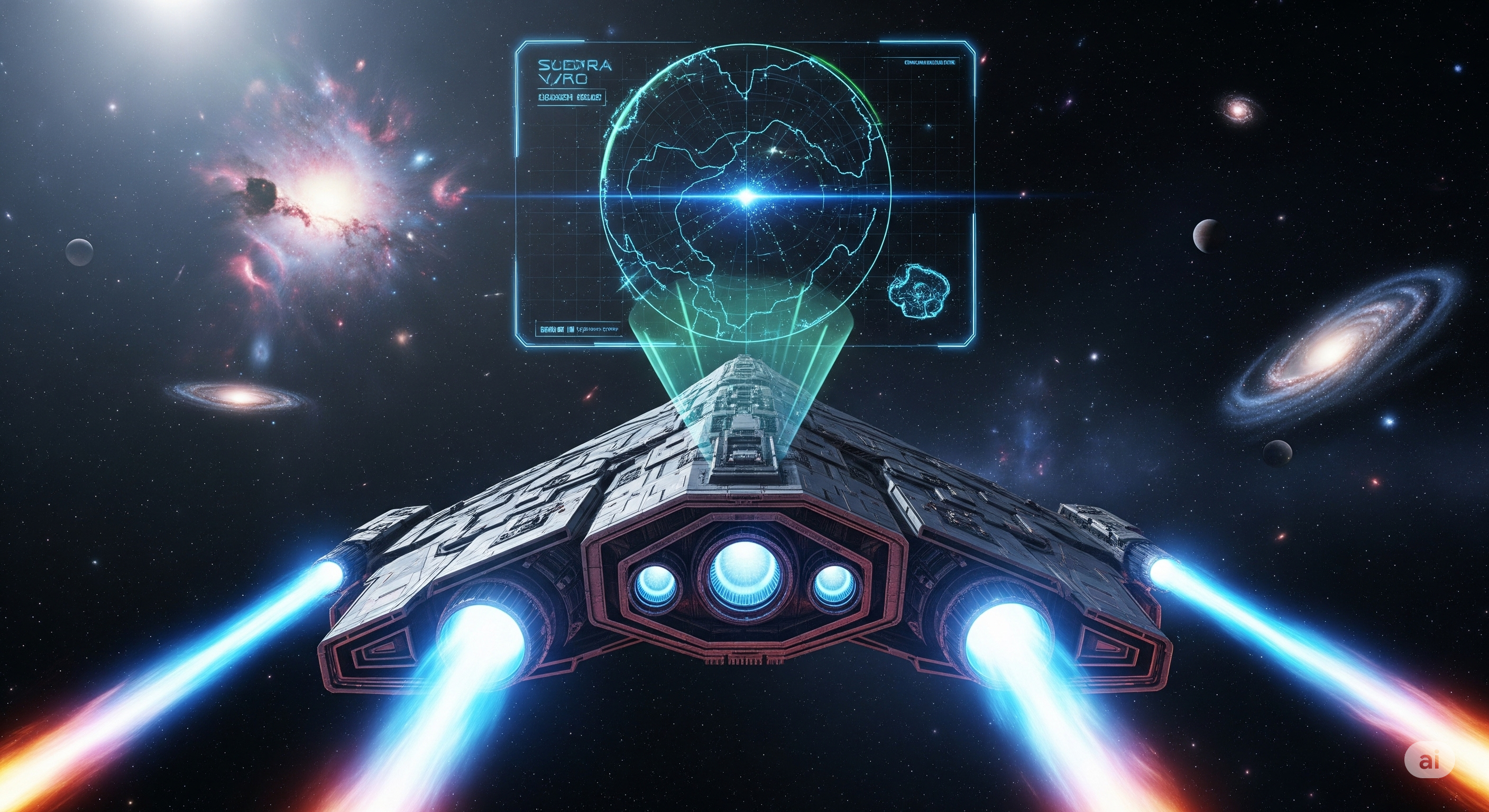 ilustração sci-fi de uma nave ajustando sua trajetória entre estrelas distantes