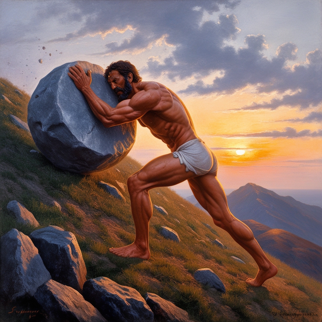desenho com um homem empurrando uma grande pedra, representando Sísifo